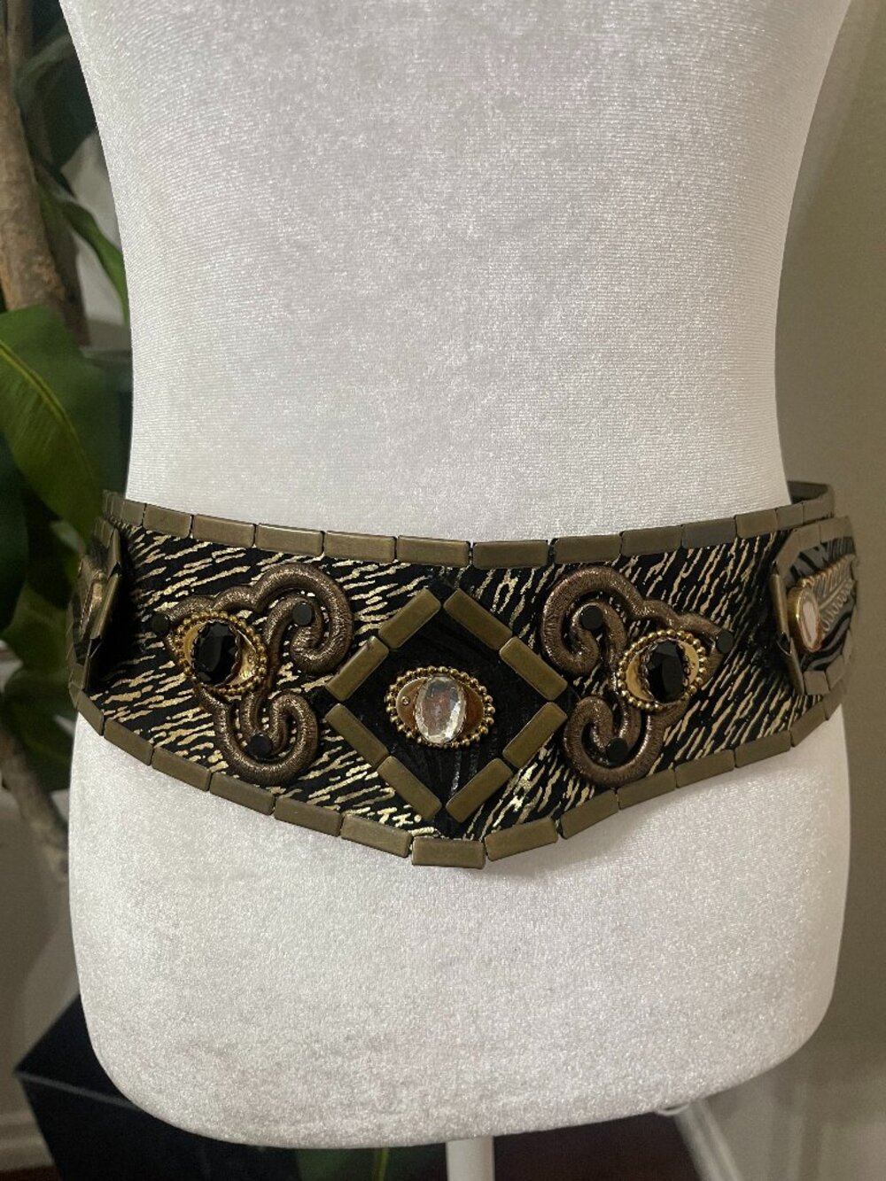 Vintage Caché Black Gold Feather Embellished Wide Statement Waist Belt